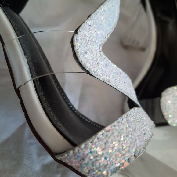 Y2K White Glitter Sparkly Clear Heels Sandals US Sz 8 Ankle Strap Party Cocktail - Picture 7 of 11